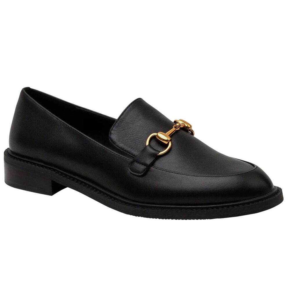 Black Leather Women's Loafers with Gold Bit Accent